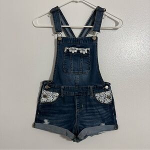 Jordache Girls Dark Blue Denim Bib Floral Lace Boho Overall Jean Shorts, L 10-12